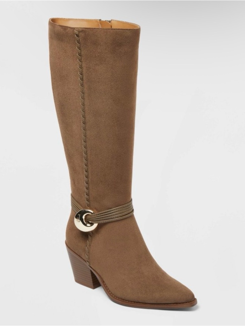 Women's Tall Suede Brown Block Heel Boot Gold Buckle